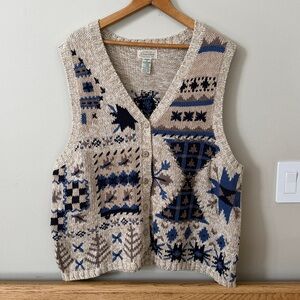 St. John's Bay Beige and Navy Patterned V-Neck Sweater Vest